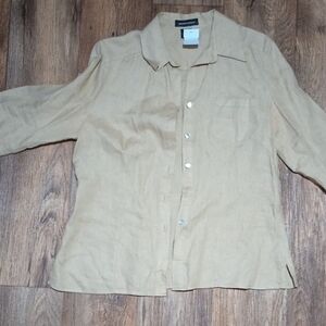 Womens Beige Long Sleeve 100% Linen Button-Up Shirt Sz Med